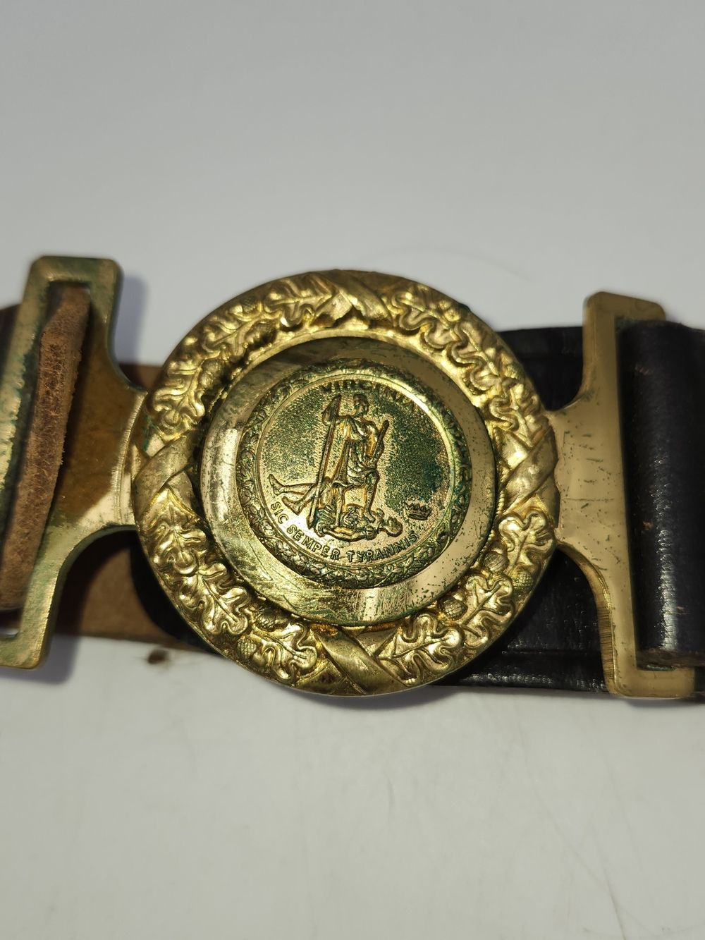 Antique Civil War style Sword Belt Virginia Tongue & Wreath Buckle on leather